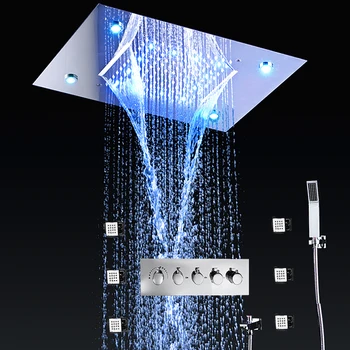 

4 Functions Massage Waterfall Shower System Concealed Ceiling Large LED Rainfall Showerhead Faucets Thermostatic High Flow Bath