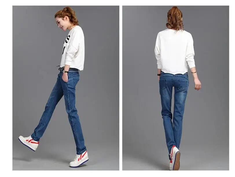 Осень Slim Fit Длинные джинсы лагер Размеры брюки с эластичной резинкой тонкие, ребристые Повседневное ремень Для женщин джинсы синий