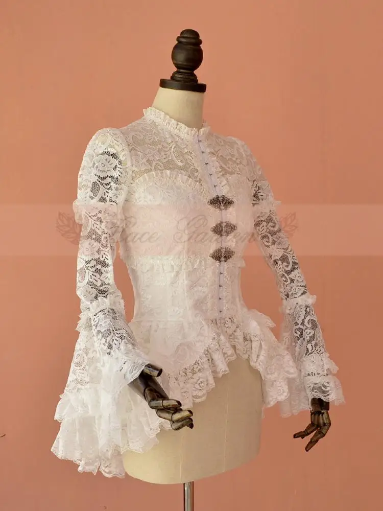 Винтажная Женская Иллюзия декольте кружевная блузка Готический длинный расклешенный рукав Гофрированный топ от кружева сад
