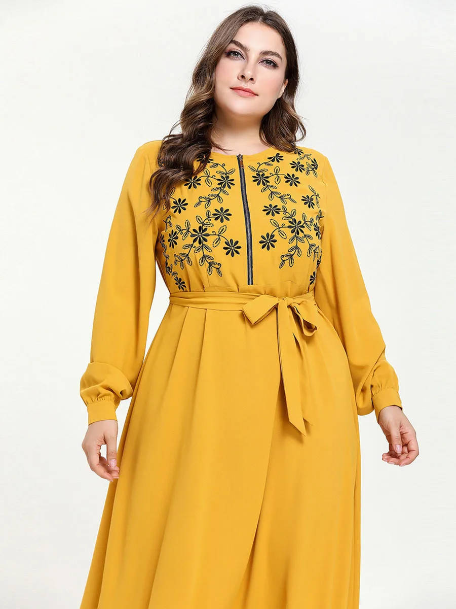 Плюс Размеры платье макси Для женщин Лето с длинным рукавом на молнии спереди с вышивкой платье с цветочным принтом в стиле бохо желтый