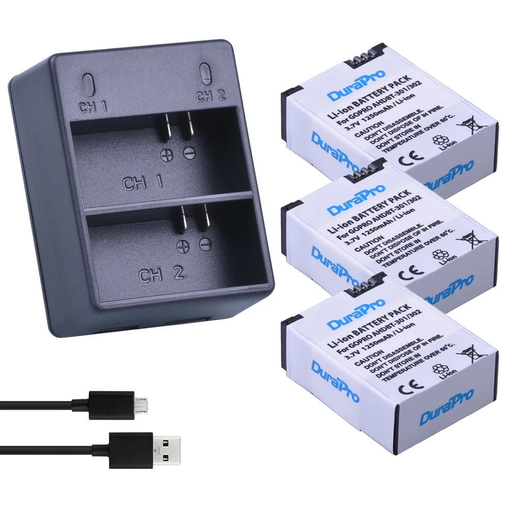 3pcs AHDBT-301 AHDBT-302 AHDBT 301 302 Li-ion Battery + USB Dual Charger for Gopro Hero 3+/3 Hero3+ Hero3 Camera Go Pro 3 | Электроника