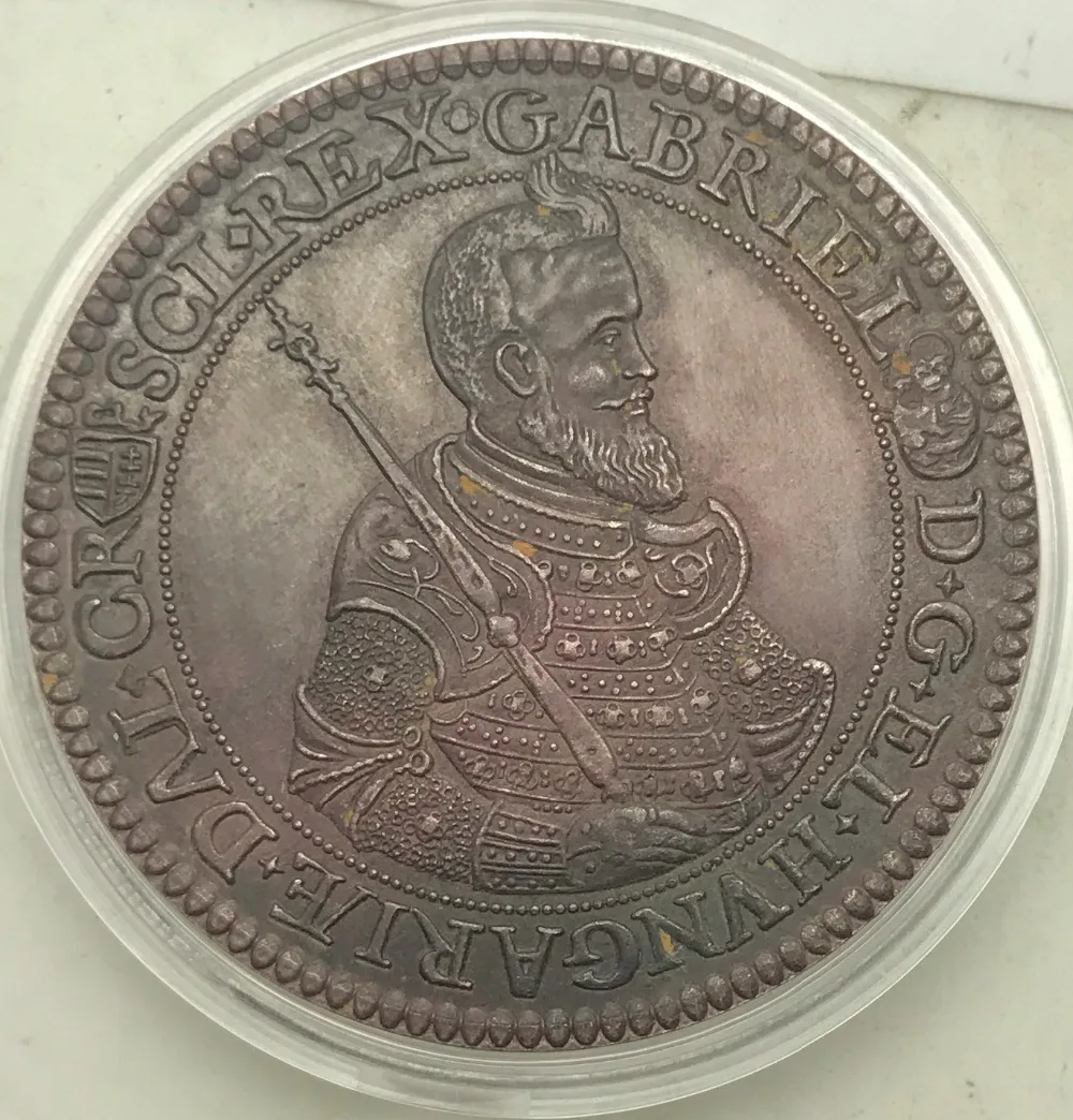 

Hungary 1621 Duchy of Transylvania Thaler Brass Silver Plated Gabriel Bethlem Copy Coin
