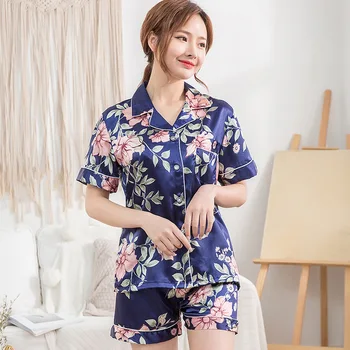 

Summer Short Sleeve Lady 2pcs Sleepwear Print Floral Pajama Pyjama Set Casual Home Clothes Silky Satin Nightwear Suit Pijamas