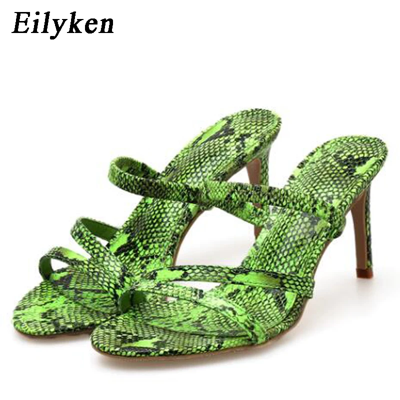 

Eilyken 2019 New Fashion Sexy Serpentine Green Women's Sandals Open Toe Shoes High Heels 6.5cm Casual Sandals Slippers Shoes