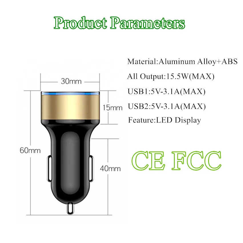 Dual USB Car Charger Adapter 3.1A Digital LED Voltage Current Display Auto Vehicle Metal Charger For Smart Phone Tablet