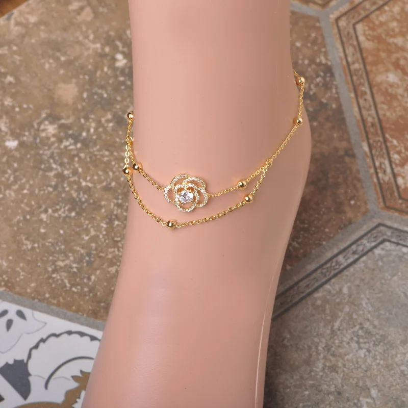 Copper Jewelry Anklets 18K Gold Plated Rose Flower Ankle Bracelet Cheville Beads Barefoot Sandals Women Girls