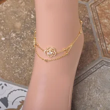 Copper Jewelry Anklets 18K Gold Plated Rose Flower Ankle Bracelet Cheville Beads Barefoot Sandals Women Girls