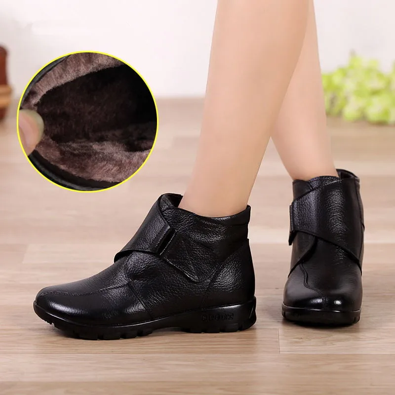 MUYANG/Китайская брендовая зимняя обувь; женские зимние ботинки из натуральной кожи на плоской подошве; повседневные ботильоны; женская теплая обувь для мам; женские ботинки