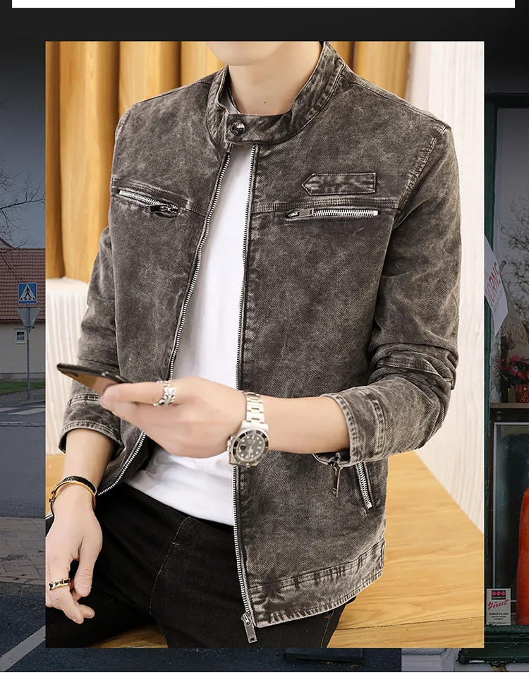 Мужские куртки весна осень корейский тренд тонкий стоячий воротник мужские винтажные джинсовые куртки S-3XL