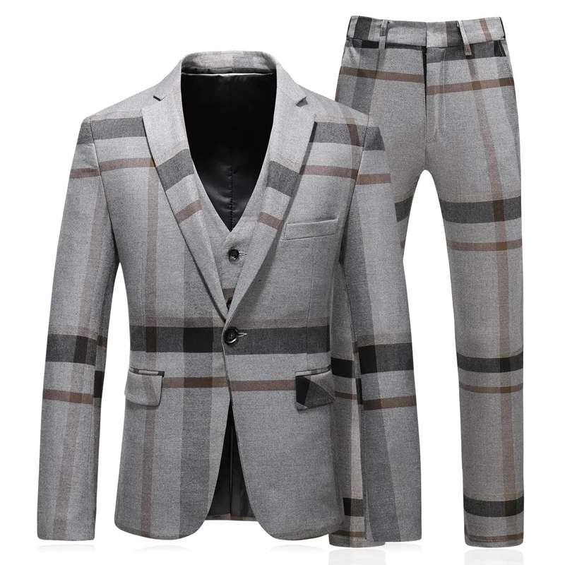 

(jacket + vest + trousers) new men's boutique plaid wedding dress set 2019 three-piece men's formal business casual outfit