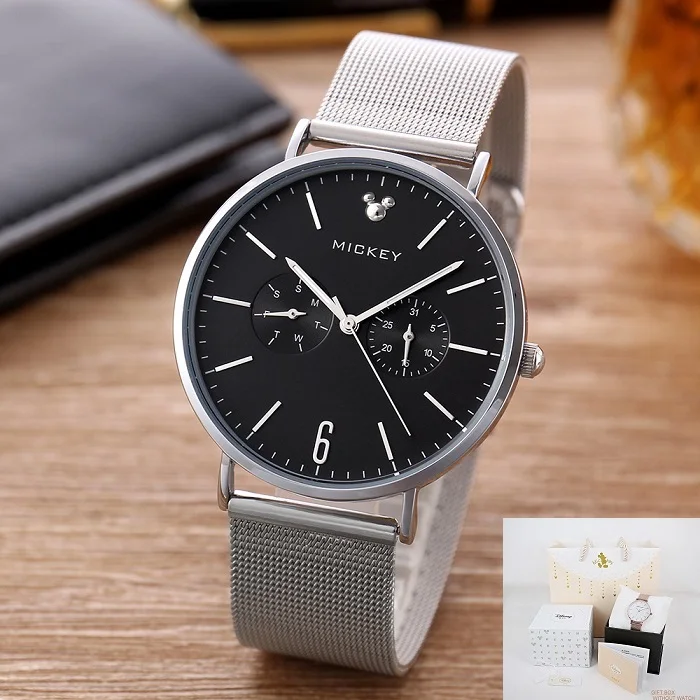 SILVER BLACK Disney acero inoxidable reloj часы мужские из нержавеющей стали ремешок деловые мужские часы кварцевые наручные часы мужские relogio masculino - Цвет: SILVER BLACK