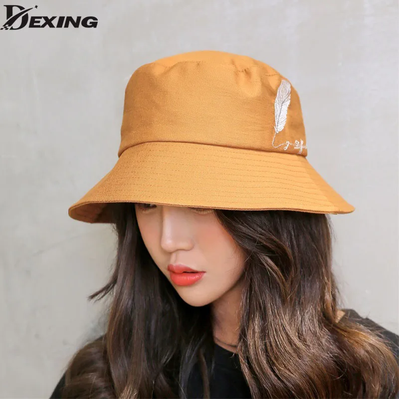 Summer Women Embroidered Feather Sun Hat Female Beach Bucket Hat