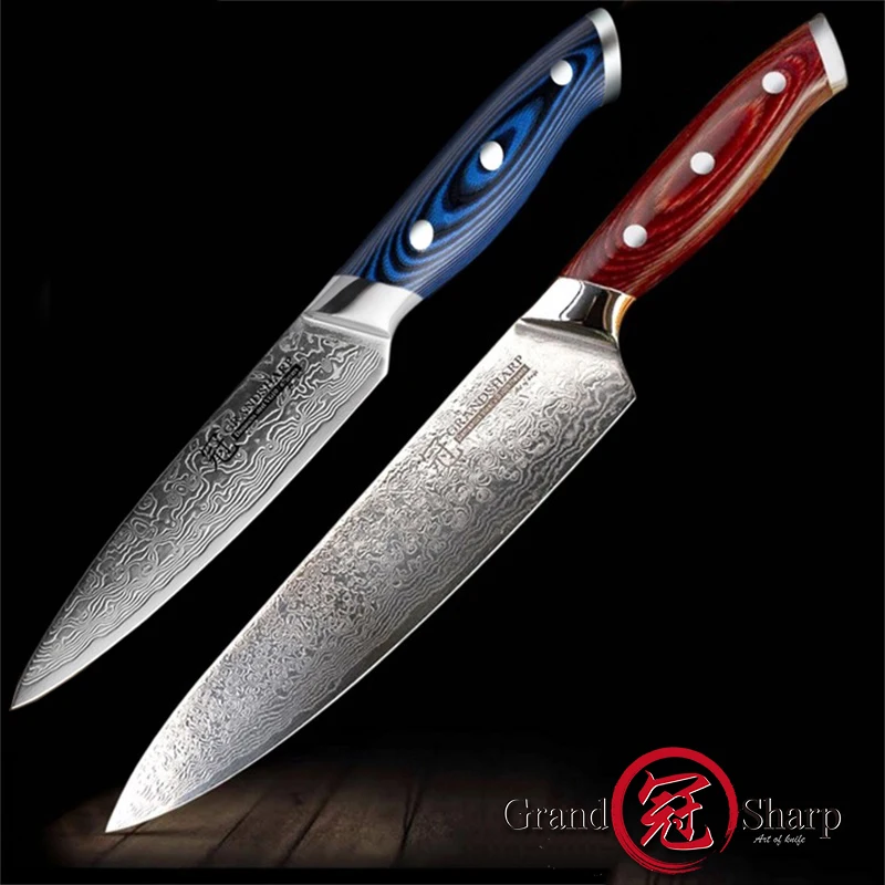 Grandsharp 2 предмета набор ножей из дамасской стали японский, из нержавеющей стали VG10 принадлежности для шеф-повара ножей Пособия по кулинарии Кухня шеф-повар ножи с подарочной коробке
