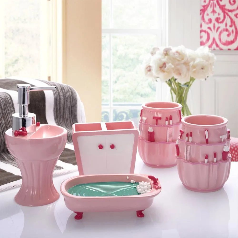 Розовый ванная пять Костюм из нескольких предметов европейском стиле Корейский студент Смола Ванной для мытья Комплект Зубная щётка чашка подарок LO728206