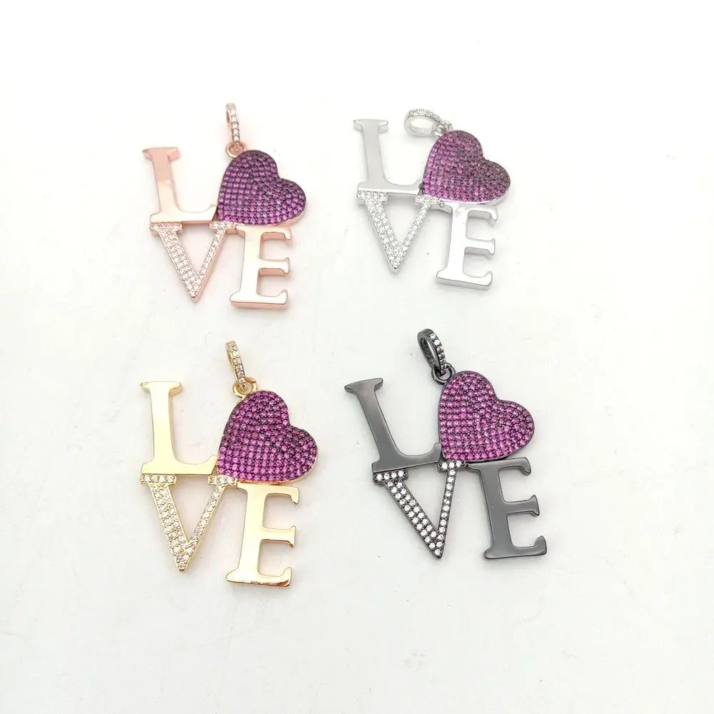 

1pc 30x38mm golden plated Cz micro Love pendant & chain necklace