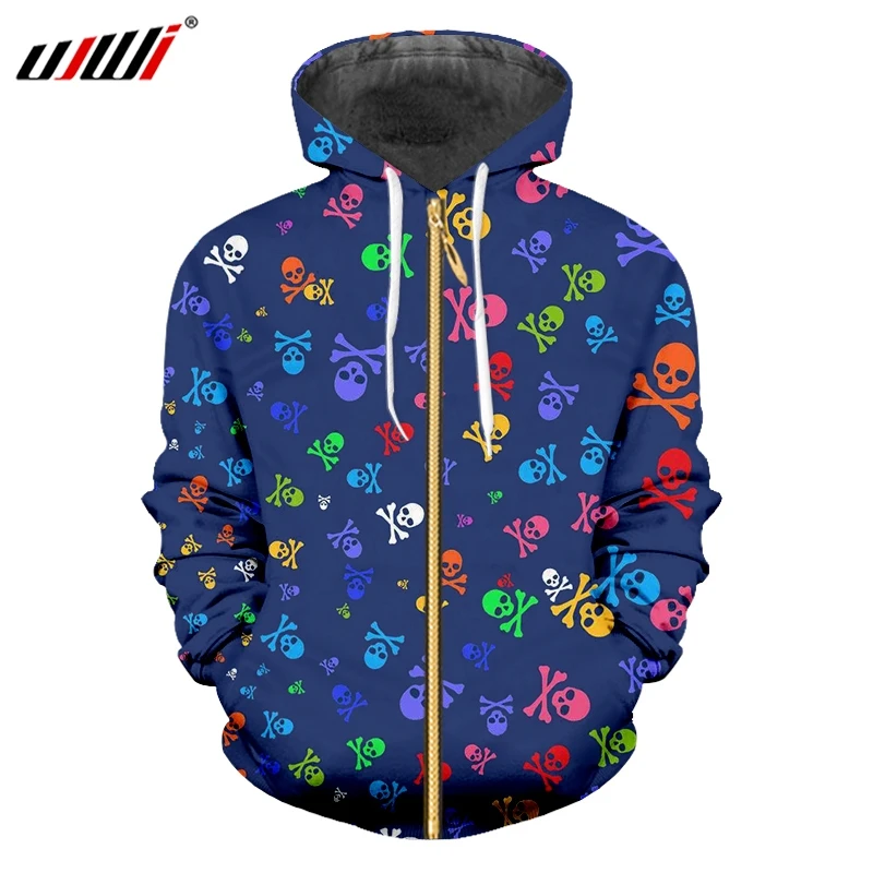 

UJWI Man Colored Creative Long Sleeve Zip Hoodies 3D Printed Funny Small Skull Trend Sports Coat Wholesale Casual Large Size 5XL