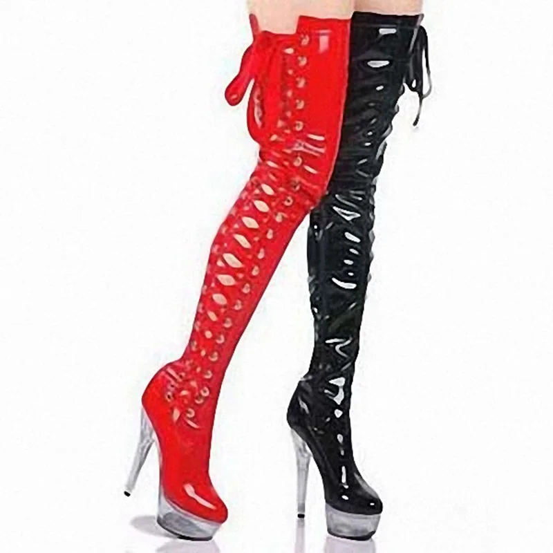 

Europe and the elastic knee-high boots Runway ribbon bigger sizes boots 15 cm high-heeled boots with stage Female boots