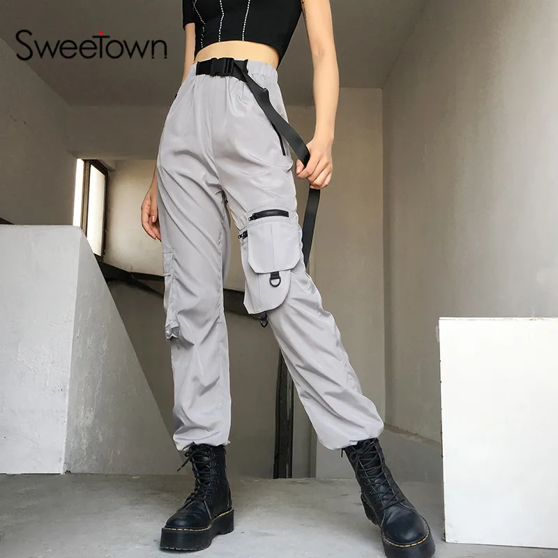 

Sweetown Silver Summer Streetwear Pants Patchwork Zipper Pocket Women Trousers Waist With Sashes Hip Hop Sweatpants Harajuku