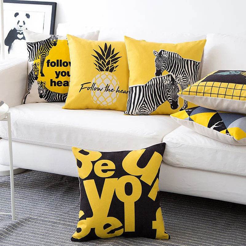 

Yellow Geometric Hug Pillowcase Nordic Zebra Pop Cotton Linen Cushion Cover Living Room Sofa Cushion Backrest Car Window Pillow
