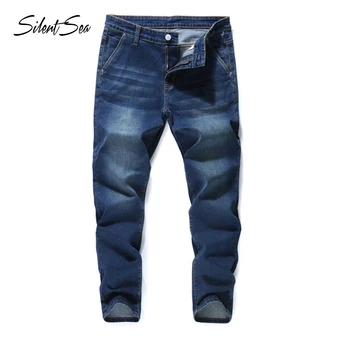 

Silentsea Men's Jeans Ripped Striaght Slim Dark Blue Pants Elasticity Soft Biker Jeans High Street Distressed Cowboys Pants