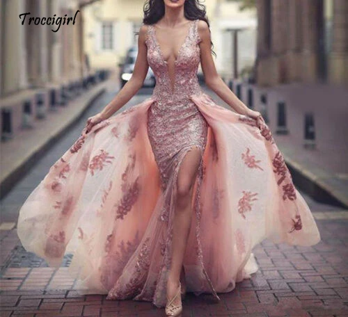 

Lace Backless Detachable Train Prom Formal Dresses Pageant Evening Gowns Party
