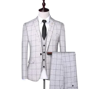 

Men's fashion Slim Plaid Tuxedo suits (Blazer+Pant+Vest) business casual clothing Wedding groomsman 3 piece suit set Blazers