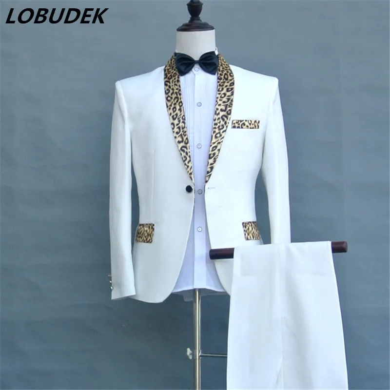 

2017 (jacket+pants+tie) Leopard collar male suit Program host men's dress singer Prom formal costumes Nightclub DS show outfit