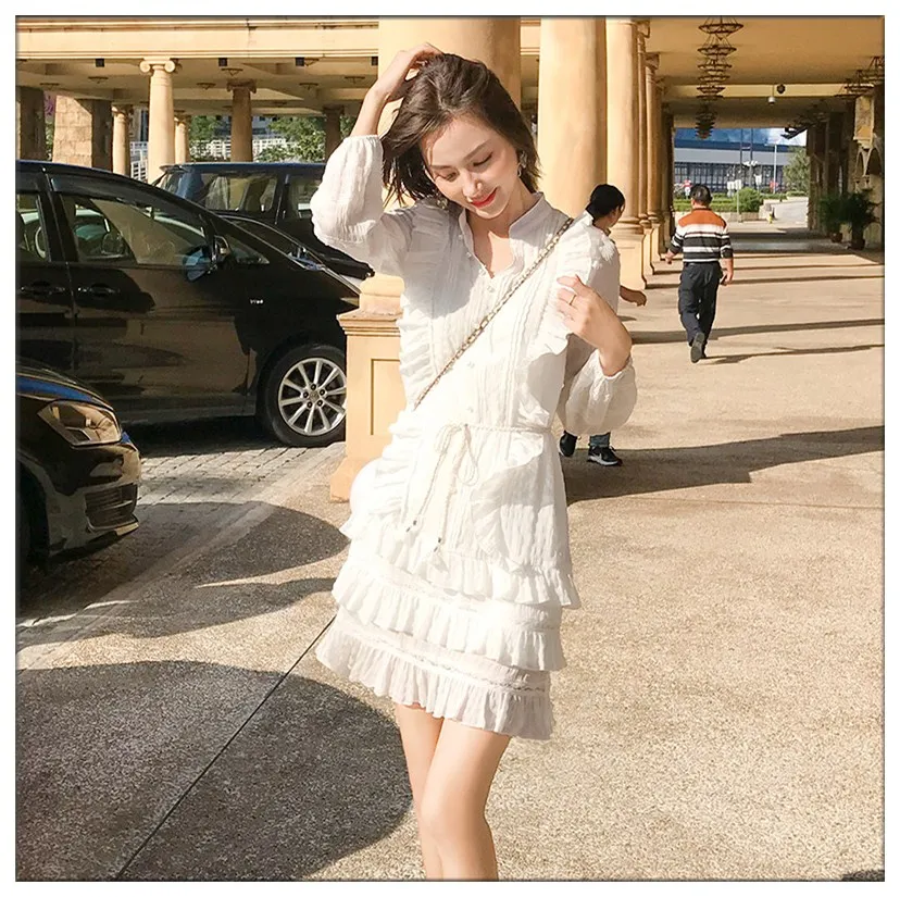 

NUTLET 2019 new women's chiffon dress summer Korean version of the sweet solid color V-neck short A-line dress