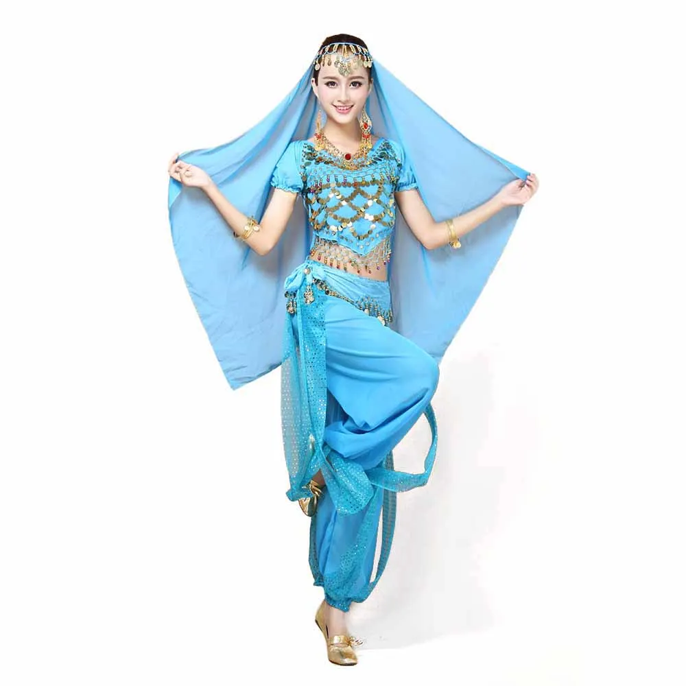 Sexy Women Bellydance Costume Gorgeous Arabian Princess Jasmine Fancy Dress Belly Dancer Costume Top Belt Pants Headpiece Set 