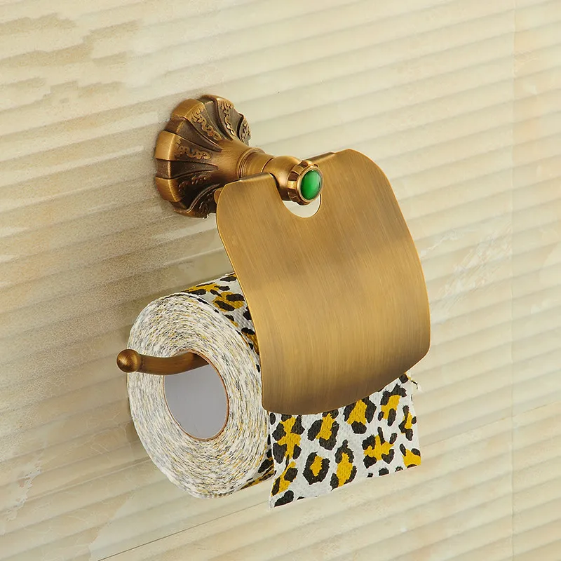 Antique Copper Toilet Paper Holder Bathroom Green Stone Brushed Paper