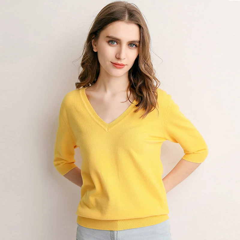 

Spring Summer Thin Casual Tops Jumper Female Women Sweaters Pullovers Solid V-neck Short-sleeved Knit Cashmere Sweater RE2531