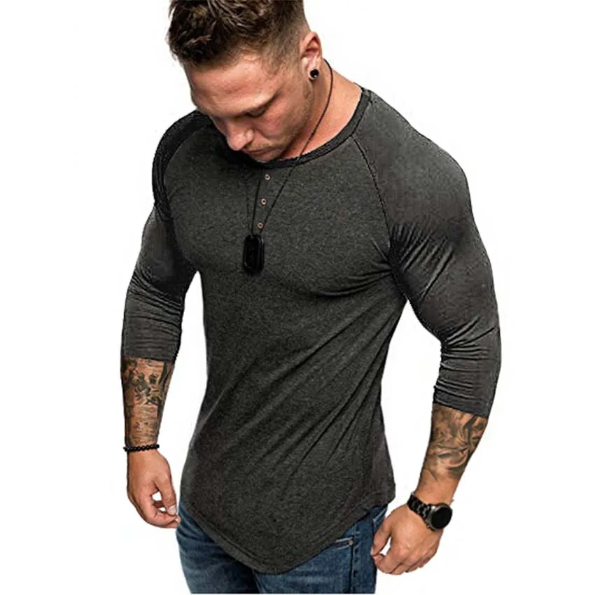 Men's 3/4 Sleeve Tshirt Henley Collar Solid Tee Shirt Streetwear Slim Stylish Hipster Tshirt Male Three Quarter Sleeve Clothes T - Цвет: grey