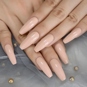 

Coffin Long Classic Nails Nude Peach UV Gel Shiny Fake Nails Acrylic Full Cover Finger Nails 24pcs