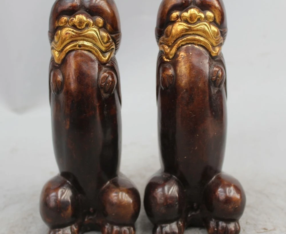 

8"chinese fengshui bronze Gild Evil spirits beast head Male Genitals lucky statu