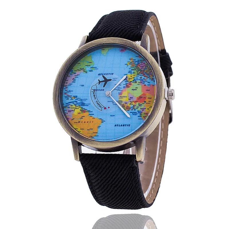

New Fashion Global World Map Plane Denim Fabric Band Watch Casual Women Wristwatches Quartz Watch Relogio Feminino Gift