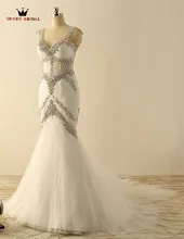 Custom Made Mermaid V-neck Backless Cristal Beading Sexy Longo Mulheres Vestidos de Casamento Vestidos de Noiva vestidos de noiva Romântico PO11