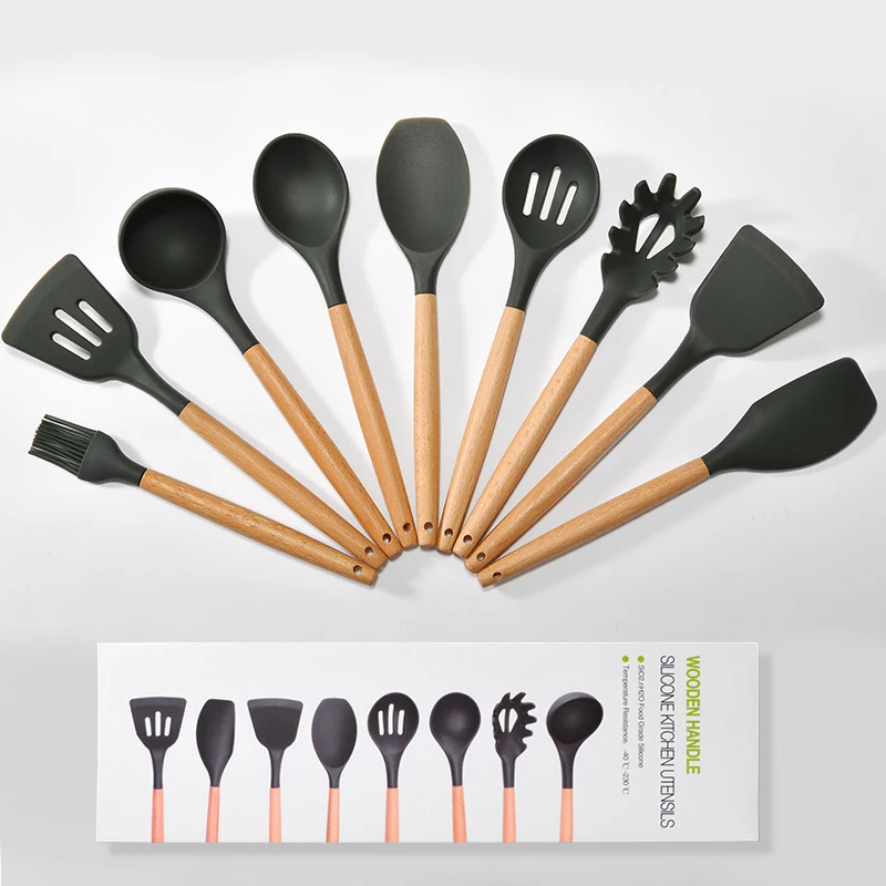 9 Piece Silicone Cooking Utensil Set Silicone with Wood Handle for Nonstick Cookware