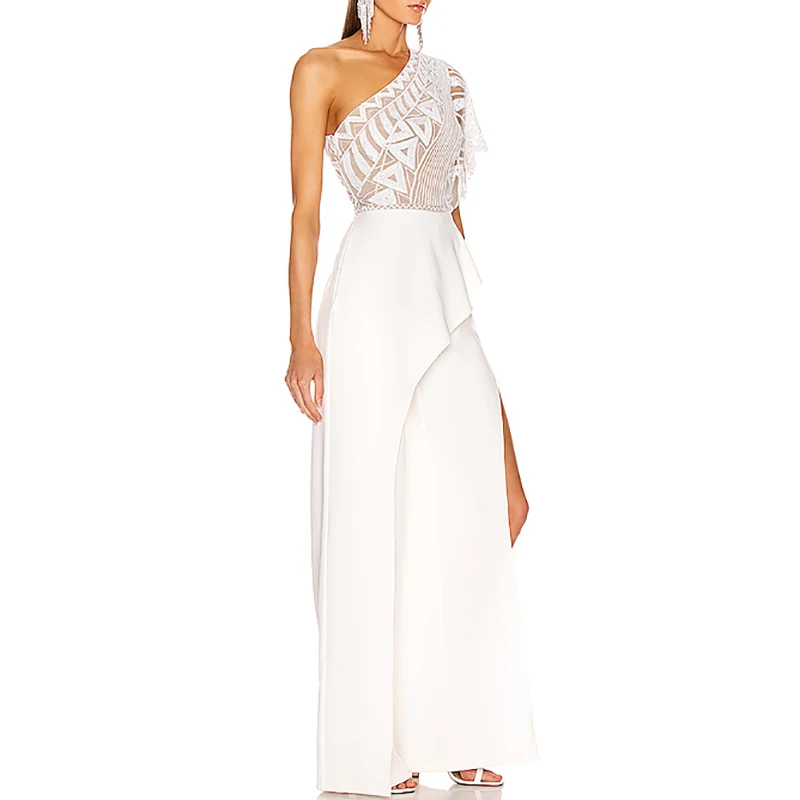 Max Spri 2019 Summer New Fashion One Shoulder Short Sleeve Lace Ruffles Women Elegant Split Loose Long Jumpsuits Max Spri 2019 Summer New Fashion One Shoulder Short Sleeve Lace Ruffles Women Elegant Split Loose Long Jumpsuits