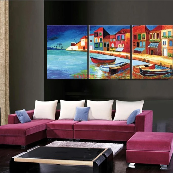 

Hand painted Seascape Wall Art Home Decoration Beach Villa Sailing On Canvas Oil Painting 3pcs/set Landscape Pictures On Wall