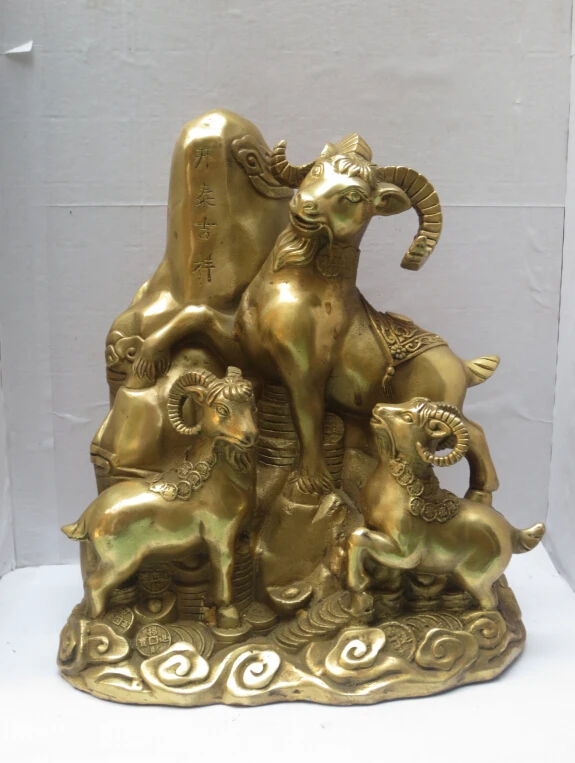 

High: 10 Inch Metal crafts Chinese brass Carved 3 Goats on PineTree Mountain Statue, Home Decoration Metal Sheep Big Scupture