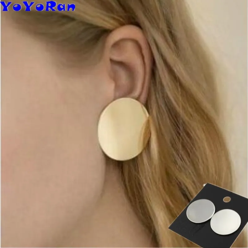 

1 pair New arrival 2.5cm round sheet disc stud earrings for woman gold silver metal thin circle geometric earring jewelry gift