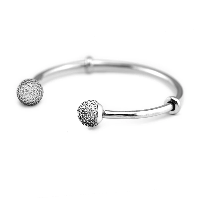 

Pandulaso Clear CZ Round Ends Open Bangle With Stoppers Fashion Silver 925 Jewelry DIY Bracelets & Bangles for Women & Men