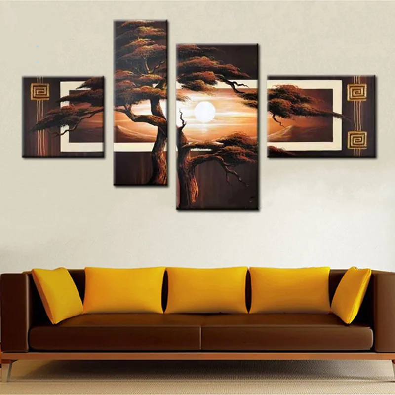 

4 Panel Handpainted Modern Abstract Pine Tree Landscape Oil Paintings on Canvas Home Decor Wall Art Brown Pinaster Pictures Gift