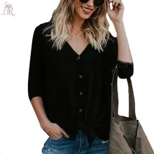 Пять цветов v-образным вырезом с длинным рукавом Футболки женские пуговицы спереди повседневные свободные Весна Длинный топ плюс размер XXL