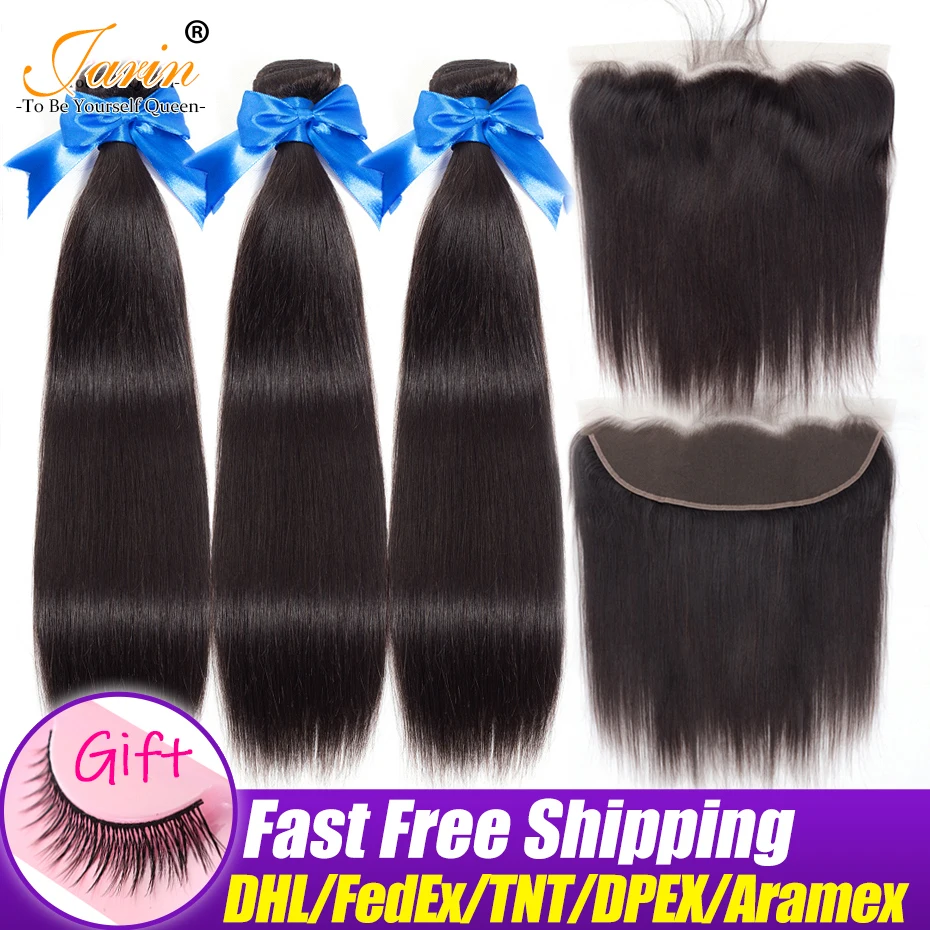 

Jarin Straight Hair Bundles With Frontal Remy Human Hair Bundles With Closure Peruvian Hair Weave Bundles With Closure 13x4