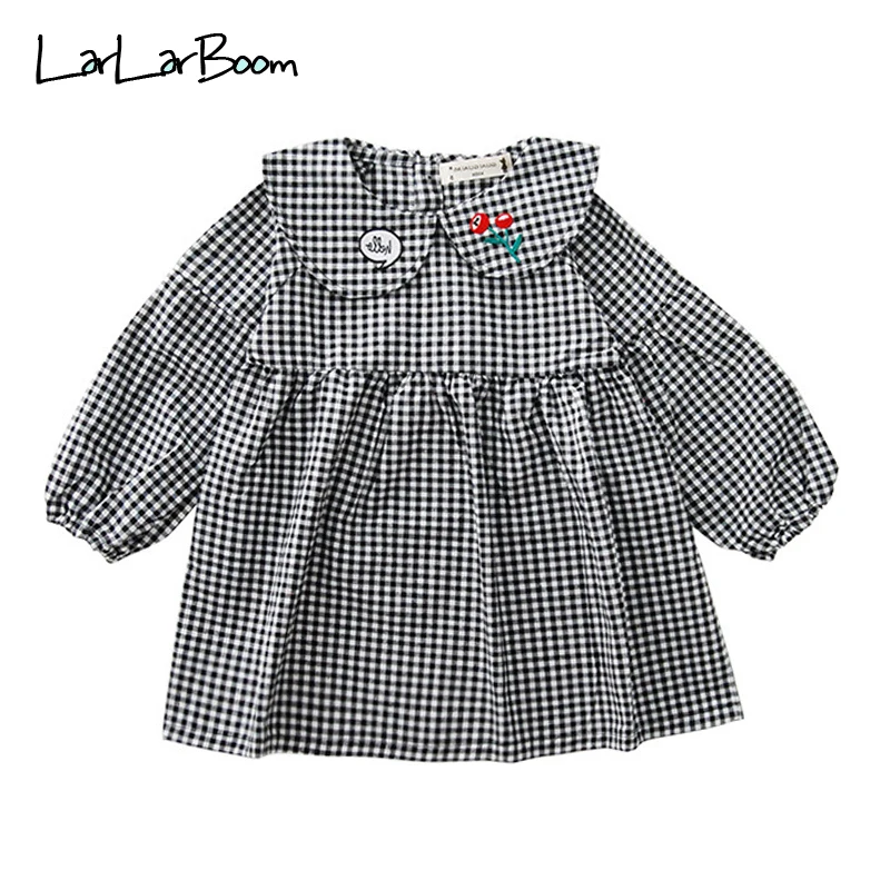 

LarLarBoom Girls Plaid Dress Cute Floral Embroidery Kids Princess Dresses for Girl Spring Long Sleeve Children's Party Dress