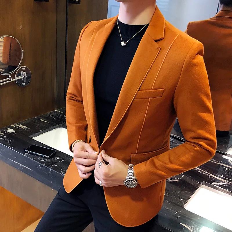 Шерстяной мужской блейзер 3 однотонных цвета, черный серый оранжевый деловой Повседневный Мужской винтажный пиджак мужской пиджак 5xl