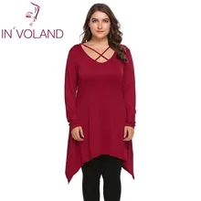 IN'VOLAND/большие размеры, XL-5XL, женская футболка, топы, весна-осень, v-образный вырез, длинный рукав, однотонная асимметрия, большие пуловеры, футболка большого размера