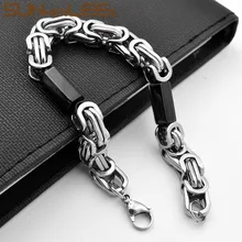 SUNNERLEES Fashion Jewelry Stainless Steel Bracelet 9mm Black Silver Color Geometric Byzantine Link Chain For Men Women SC87 B