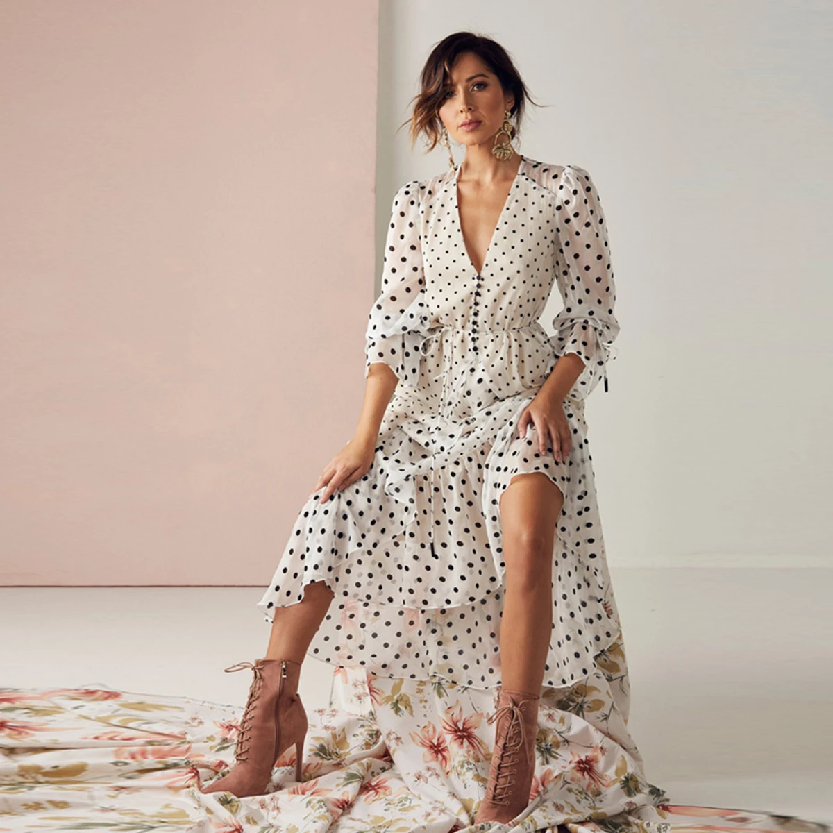 

Jastie Polka Dot Print Midi Dress Long Puffed Shoulder Sleeve Chiffon Dresses Ruffle Hem V-neck Dress Boho Long Women Dresses